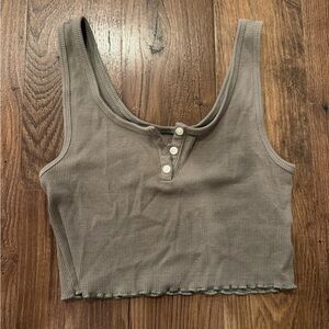 American Eagle Outfitters green (taupe) Ribbed Crop Top with quarter button down